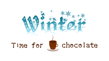 Advertising of hot chocolate. Big word Winter, a cup of hot chocolate and a snowflakes.のイラスト素材