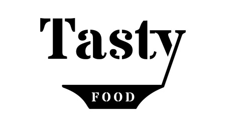 Delicious food. Graphic sign with a plate of soup. Black graphics on a white background. Graphics for the restaurant, bar or for a banner, an advertisement, a website.のイラスト素材