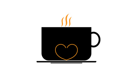 Black coffee cup. Orange heart on a cup. Haze with coffee over the cup. Graphics for the website,   banner, advertisement, coffee shop.のイラスト素材