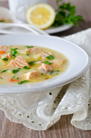 Cheese soup with salmonの写真素材