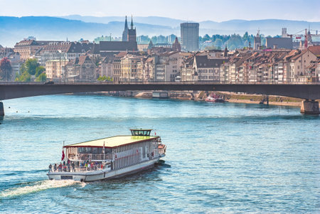Bateau-mouche on the Rhine in Basel, Switzerland.の写真素材