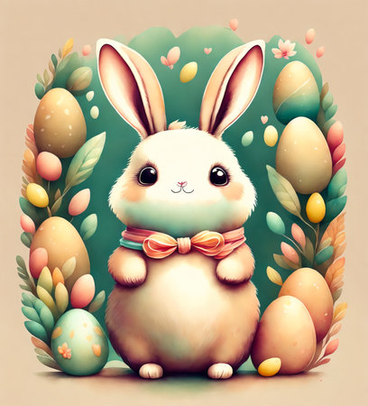 A painting of a cute Easter Bunny with eggs.の素材