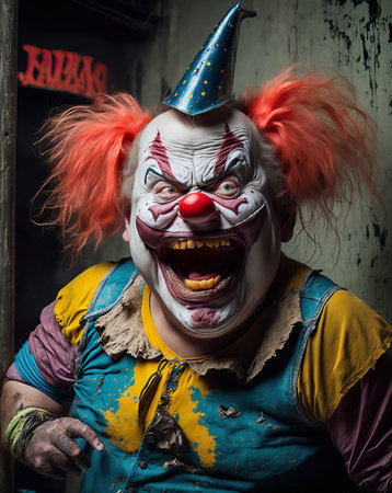 The Haunting Grimace of an Aging Clown: A Terrifying Portrait of Decay and Madness.の素材