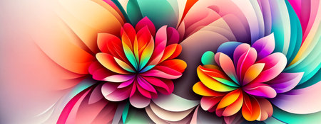 A Floral Wonderland with Pink Dahlias, Red Blooms, and Yellow Beauty, Set Against an Abstraction of Colorful Patterns and Designs for a Decorative and Celebratory Card Banner.の素材