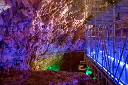 colourful archeological display inside the grotte du lazaret in Nice Franceの写真素材