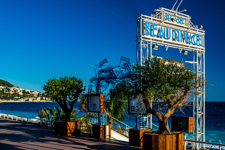 Beach access Plage Beau de Rivage at the Baie des Anges in Nice Franceのeditorial素材