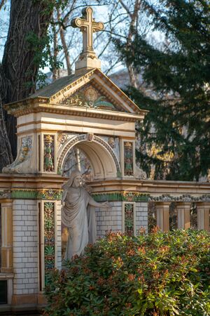 Colorful mausoleum with a statue of Jesus Christ on the Dorotheenst?dter cemetery in Berlin, Germanyの写真素材