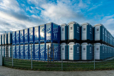 Dallgow-Doeberitz, Brandenburg, Germany - february 08, 2019: a stack of german Porta-Potties (Dixi loos)のeditorial素材
