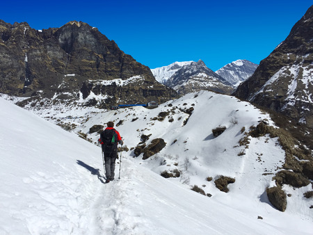 treking in himalayas backpacker in Annapurna areaの写真素材