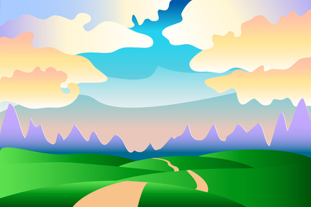 Cartoon idyllic summer landscape with hills, clouds and roadのイラスト素材