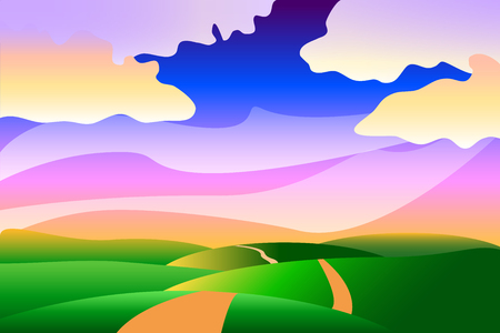 Cartoon stylized idyllic peaceful summer landscape background with the clouds, hills and road, illustration, wallpapersのイラスト素材