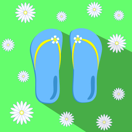 Blue slippers on chamomile meadow summer wear vector illustrationのイラスト素材