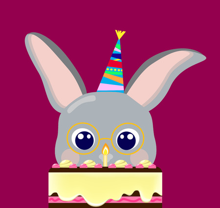 Happy birthday grey rabbit and creamy cake vector illustration, lovely rabbit birthday, 1 year birthday, birthday postcard, nerd rabbit, baby animal birthday, grey hare, cute bunny birthday postcardのイラスト素材