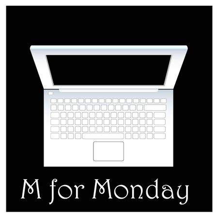 Notebook flat vector illustration, business week alphabet, M for Monday alphabet illustration, letter M illustration, white notebook icon, black and white flat vector illustration for Mondayのイラスト素材