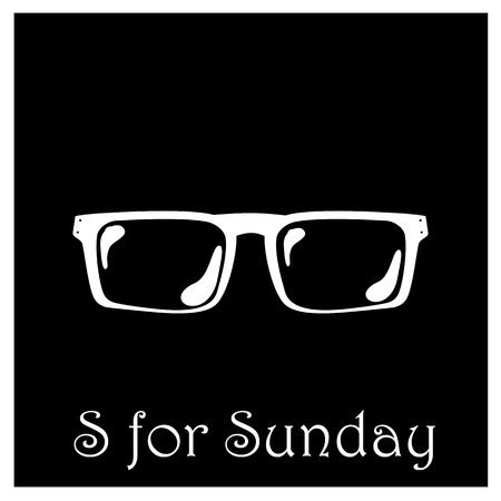 S for Sunday week alphabet vector illustration, black and white sunglasses illustration, white sunglasses icon, funny alphabet for week days, black and white flat vector illustration for Sundayのイラスト素材
