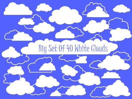 White clouds and outlined clouds vector clipart, wedding or nursery ornament, heaven cloud, white fluffy cloud in cartoon style, set of clouds, cloud for text, cloud icon, cloud pictogram, bubble textのイラスト素材