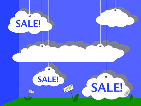 Sale advertisement vector illustration with summer sky and meadow, summer sale banner, clouds design for discount flyer, funny cartoon sale, optimistic sale picture, illustration sale with text placeのイラスト素材