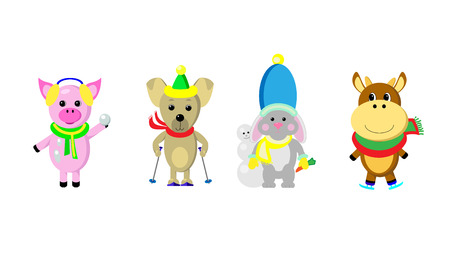 Cartoon style lovely animals with winter sport objects vector clip artのイラスト素材