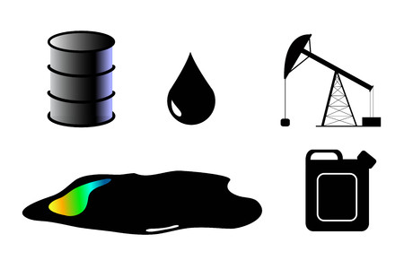 Petroleum illustrations flat black and white stylized vector clip art, a barrel, a canister, a paddle and a drop of petroleum or oil, and an extraction machineのイラスト素材