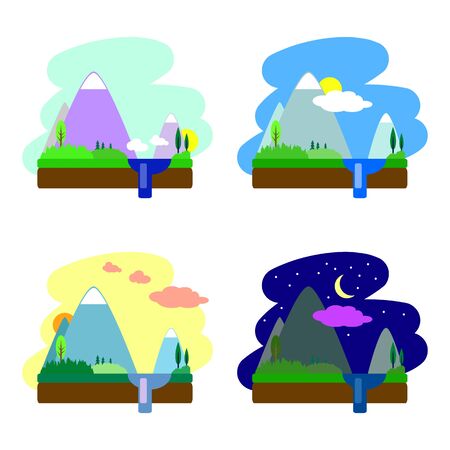 Flat landscape illustration, day and night nature landscape, flat pictures for morning, daytime, evening and night, flat landscape with mountain, lake, hills and forest, flat summer landscapeのイラスト素材