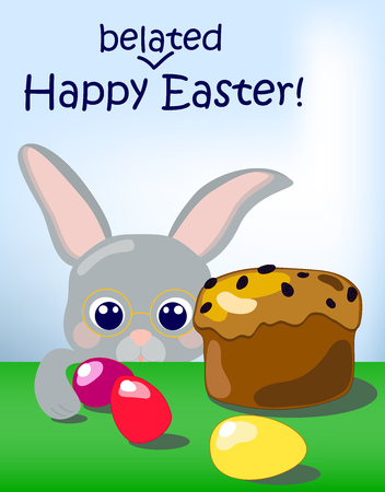Rabbit and eggs for Easter, Happy belated Easter postcard, illustration for Easter, Happy Easter postcard, spring holidays illustration, hand-drawn easter bunny, easter bakery and colored eggsのイラスト素材