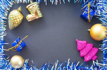 Christmas or New Year flat lay photo background. Table top view composition for winter holiday. Blue...