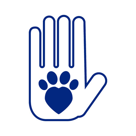 Cat adoption and care vector illustration, blue icon of human hand and cat pawのイラスト素材