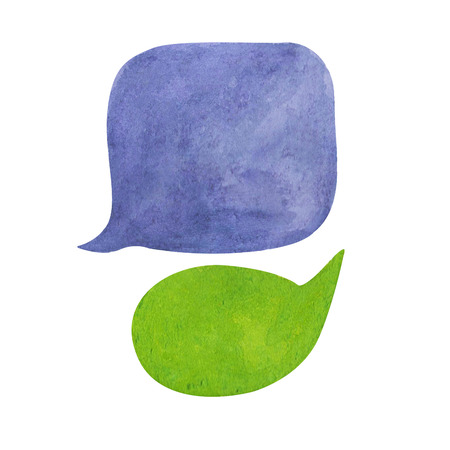 Watercolor speech bubble on white background. Purple blue and green text bubble cloud hand-drawn element. Isolated bubble clipart. Conversation or dialogue illustration. Hand-painted comic text cloudの写真素材