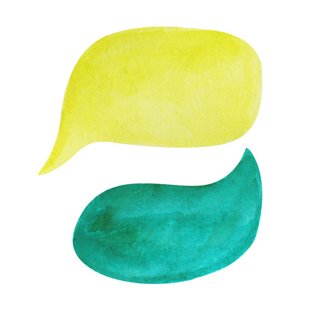Watercolor speech bubble on white background. Emerald green and yellow text bubble cloud hand-drawn...