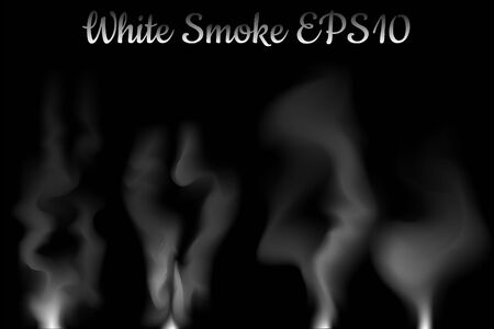 White smoke vector illustration on black background. White smoke effect. Cigarette or cigar smoke flow in air. Fireplace smoke. Mysterious air flow with transparent effect. Sensual mist. Steam flowのイラスト素材