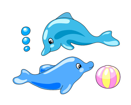 Cute dolphins with playing ball vector illustration in cartoon style. Blue dolphins playing clipart. Dolphin isolated on white background. Sea animal mascot. Marine logo. Smiling dolphins underwaterのイラスト素材