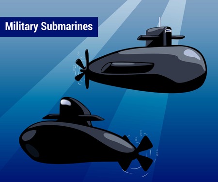 Military submarines in water. Black sub cartoon style vector illustration. Warship underwater in blue sea. Marine weapon drawing. Transport boat for undersea war. Nursery art submarines for boy designのイラスト素材