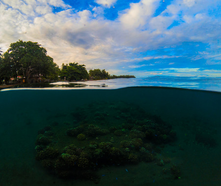 Double landscape with sea and sky. Above and below waterline in tropical seashore. Dark seawater and...