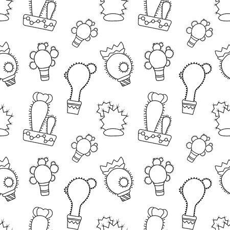 Black and white outlined cactus vector seamless pattern. Cactus doodle on white background. Houseplant pattern tile. Cacti in pot surface design. Fashion or wrapping paper. Hipster succulent textureのイラスト素材