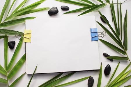 Bamboo leaf background. White sketchbook spread notebook mockup. Green bamboo leaf and sea beach pebbles flat lay. Blank page notepad top view. Natural spa or beauty banner template with text placeの写真素材