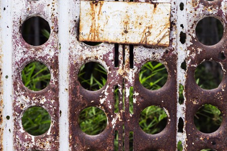Rusty metal fence with empty name plate and summer garden. Rustic metal wicket of abandoned house. Greenery behind fence. Backyard door. Locked door of abandoned place. Secret garden. Abstract photoの写真素材