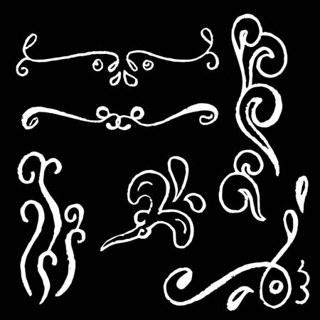 White chalk decor elements on black, vector illustration. Rustic chalk borders. Handdrawn doodle style text separators. Horizontal, vertical and corner design elements. Chalk texture sketch drawingのイラスト素材