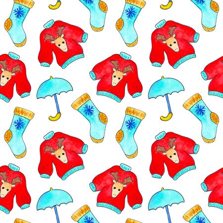 Cozy Autumn watercolor seamless pattern with white background. Fall seasonal seamless pattern tile. Danish concept Hygge for cold weather. Winter holiday wrapping paper. Autumn knit wear pattern tileの写真素材