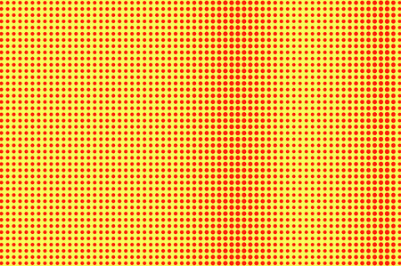 Yellow red dotted halftone. Textured vertical dotted gradient. Half tone vector background. Artificial texture. Red dots on yellow backdrop. Vivid pop art design template. Glitch halftone textureのイラスト素材