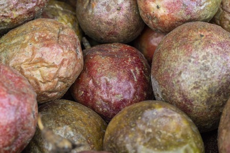 Dried passion fruit bunch on market, closeup photo. Passion fruit texture. Red and brown exotic fruit. Pile of tropical fruits. Ripe sweet tropical fruit with juicy meat. Vitamin food backgroundの写真素材