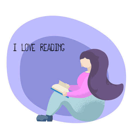 I Love Reading flat style vector illustration with reading girl. Reading person with open book. Modern flat illustration on white background. Violet green concept image with handdrawn inscriptionのイラスト素材