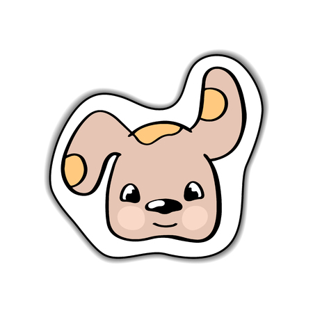Cute dog animal face sticker with shadow on white background. Cartoon dog head isolated. Funny doggy with smile. Friendly puppet character outlined. Spotted puppet with long ears. Cute dog iconのイラスト素材