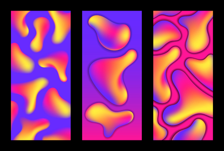 Smartphone wallpapers with gradient shapes. Neon fluid vibrant  abstraction.  Vertical card set with violet pink 3d shapes. Color blots floating on gradient backgroundのイラスト素材