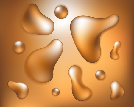 Golden fluid shapes on gradient background. Trendy 3d vector abstraction. Fluid golden drops on gold background. Futuristic wallpaper. Beauty oil cosmetic banner template. Liquid gold texture coverのイラスト素材