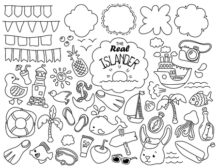 Tropical Island Travel Doodle Icons Flag Banners And Text Bubbles