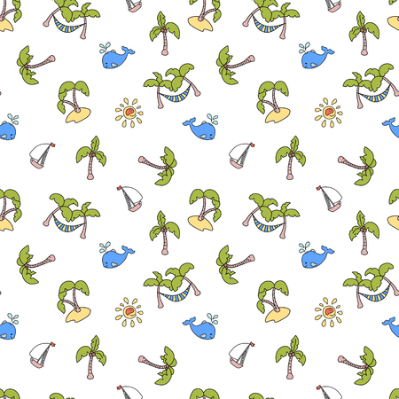 Green coco palm trees, yacht and whale. Vector seamless pattern on white background. Marine vacation activity seamless pattern tile. Tropical island holiday cruise. Cartoon style freehand doodlesのイラスト素材