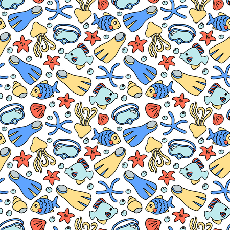 Snorkeling mask and fins with coral fishes. Vector seamless pattern on white background. Marine vacation activity seamless pattern tile. Tropical island holiday cruise. Cartoon style freehand doodlesのイラスト素材
