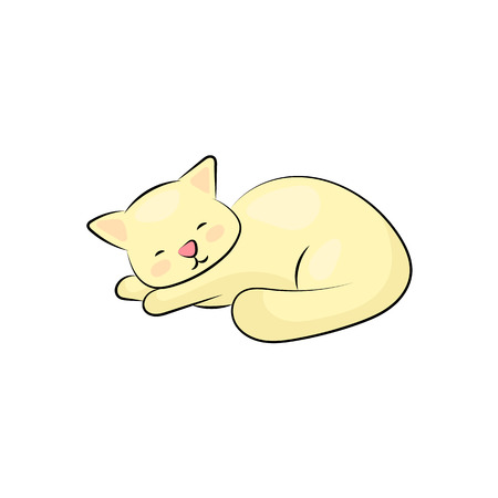 Cute sleeping cat on white background. Fat yellow kitten dreaming. Lazy cat icon or logo isolated. Cozy domestic animal. Relaxed smiling kitty. Adopt cat label. Home for pet. Kitten character clipartのイラスト素材