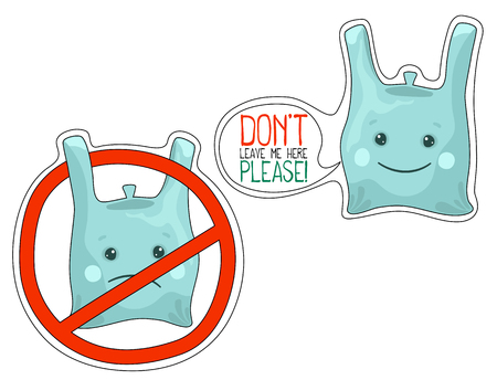 Plastic bag cartoon character vector stickers. Ecologic sticker with plastic pack. Prohibited plastic trash. Proper utilization of non-biodegradable waste. Environmental icon. Sustainable developmentのイラスト素材