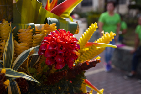 Tropical flowers decor closeup. Exotic floral texture photo. Romantic banner template with tropical flower. St Valentine card backdrop. Wedding floral arrangement. Red and yellow blossom bouquetの写真素材